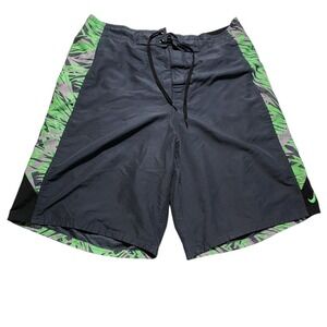 Nike Swim‎ Trunks Board Shorts Gray Green Palm Leaf Print Mens Size L